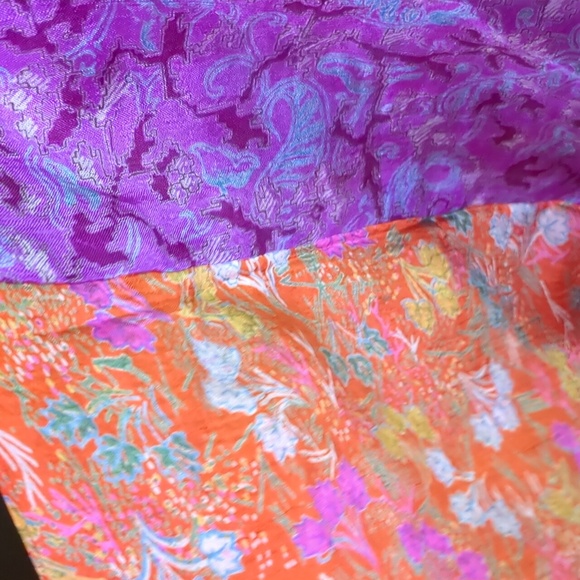 100% SILK kimono duster jacket tie front purple orange and yellow gold w/floral - Picture 6 of 12